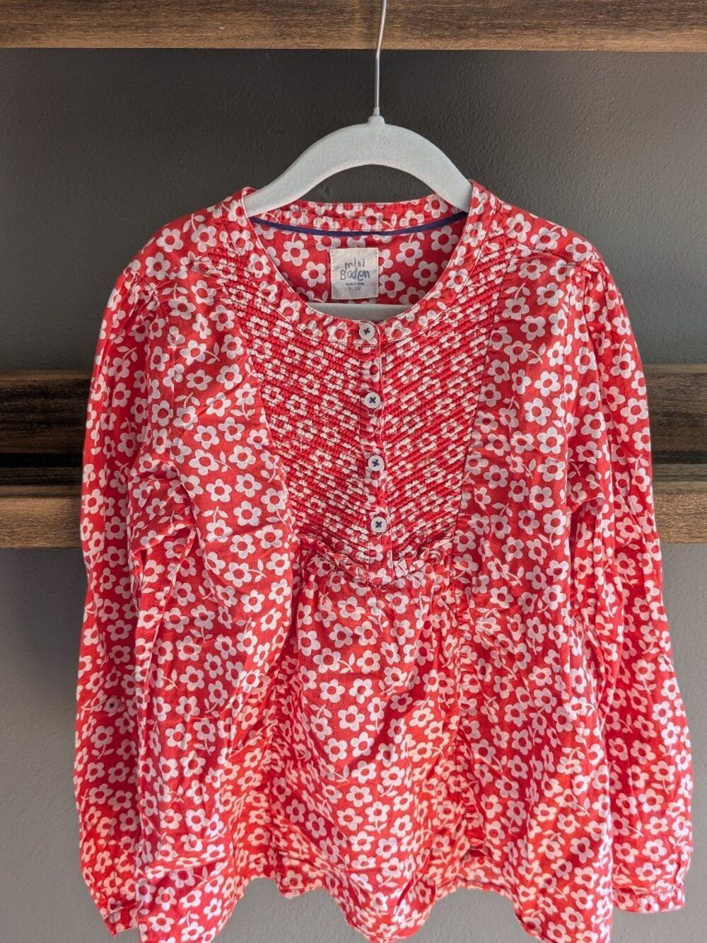 Mini Boden Girls 100% Cotton Floral Smocked Retro Long Sleeve Blouse Top 9-10Y